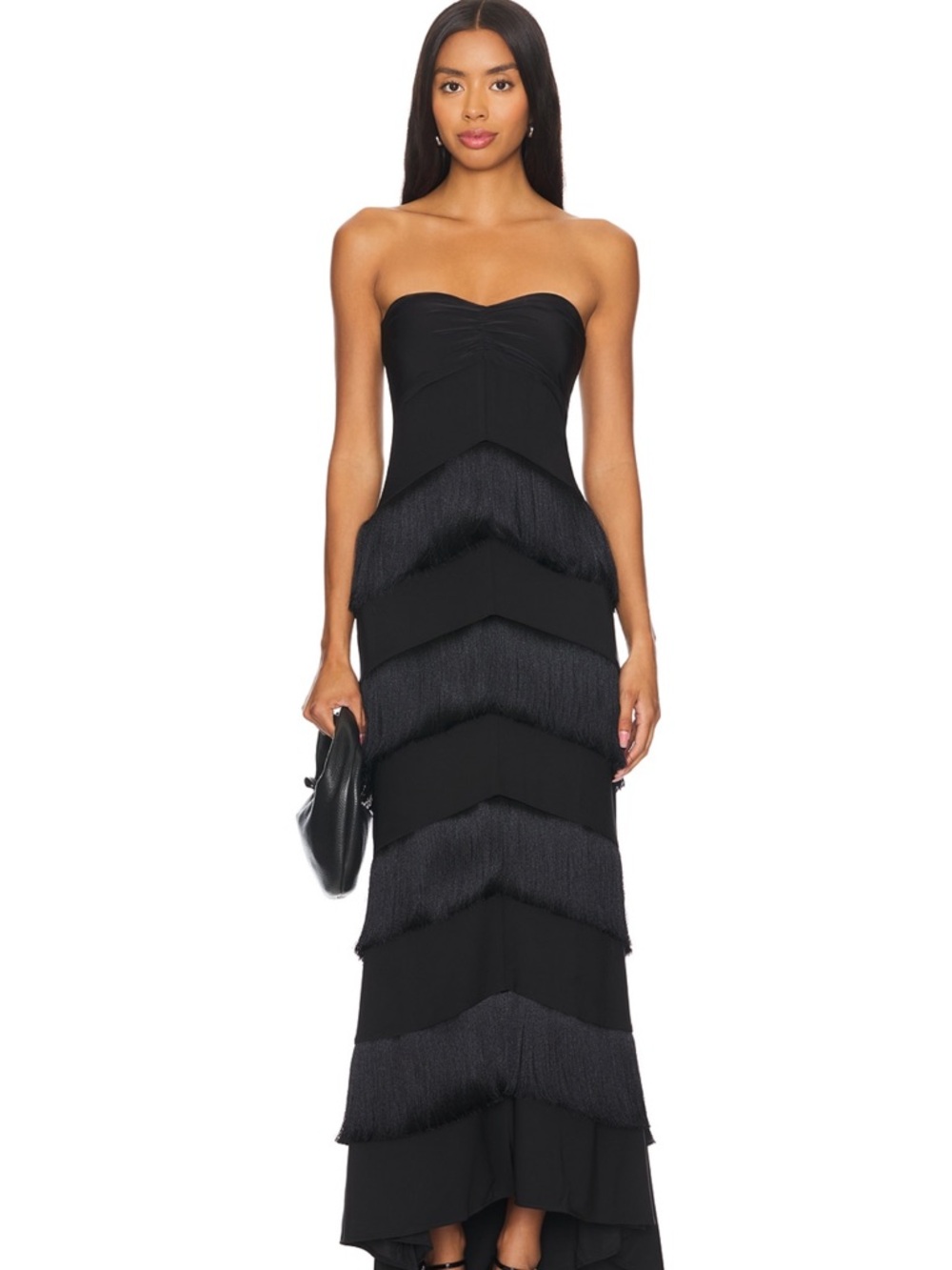 House of Harlow 1960 Black Strapless Fringe Tiered Maxi Dress